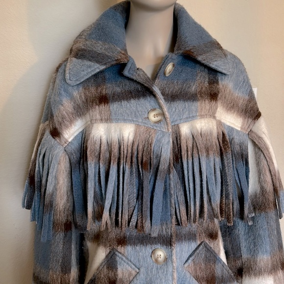 ASOS WHITE wool plaid coat with fringe, size 4 NWOT - Picture 7 of 14